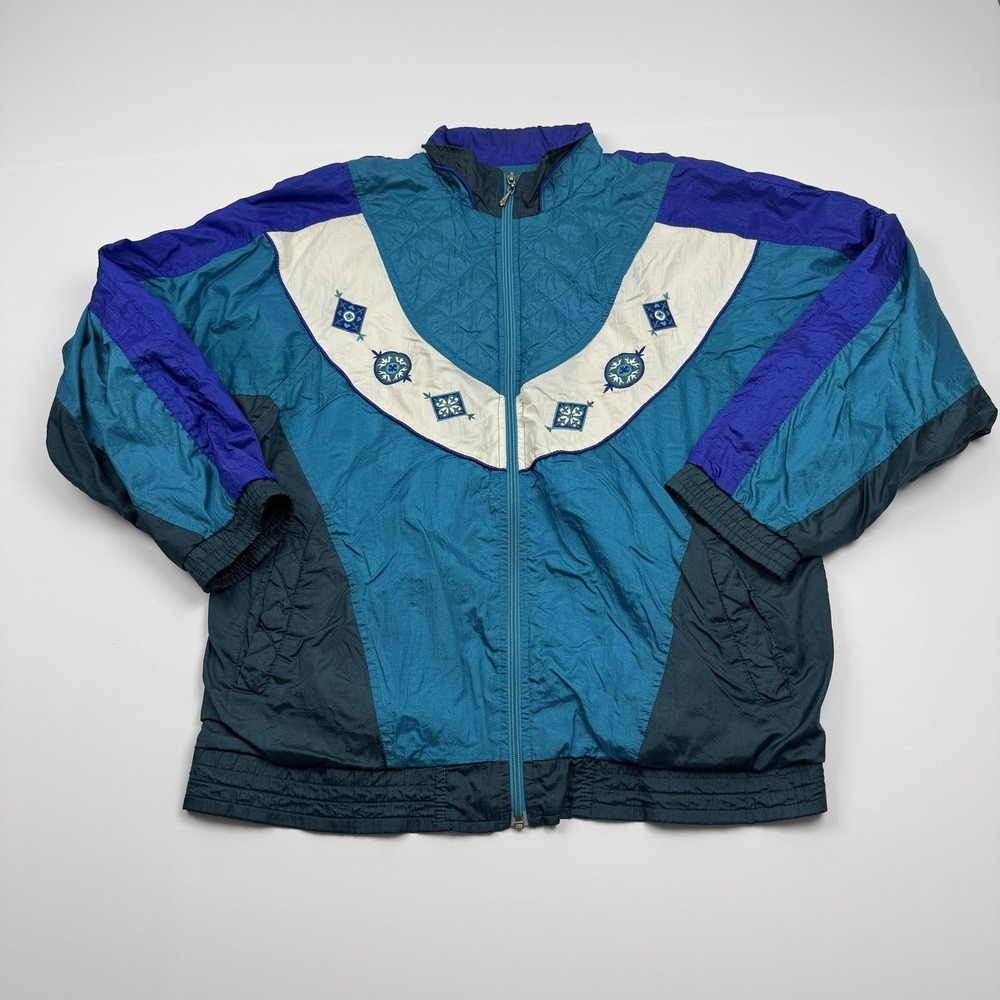 Vintage Bold Spirit Windbreaker Jacket Womens Medium Blue Teal 90s Embroidered
